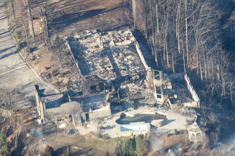 Burned structures are seen from a National Guard helicopter near Gatlinburg, Tennessee. (Image: AP)
